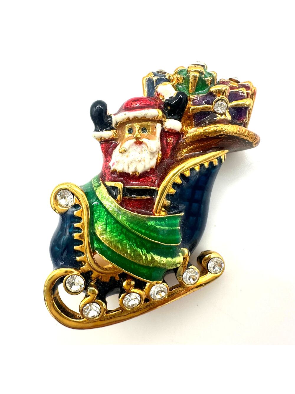Christopher Radko vintage gold tone enamel Christmas Santa Claus sleigh brooch